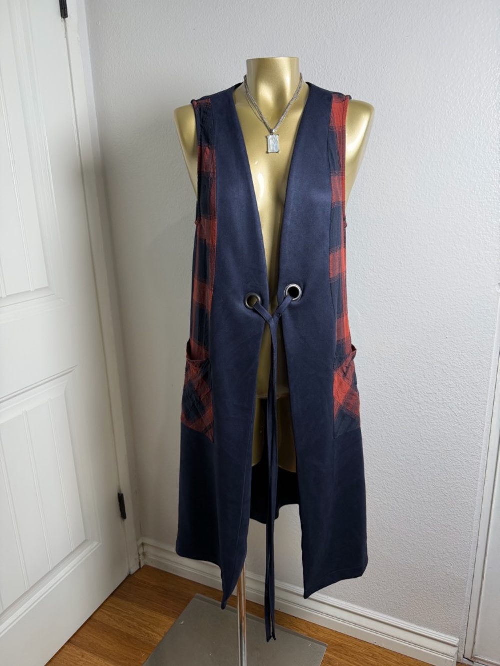 BCBGeneration Navy Long Vest with Red Plaid Trim S